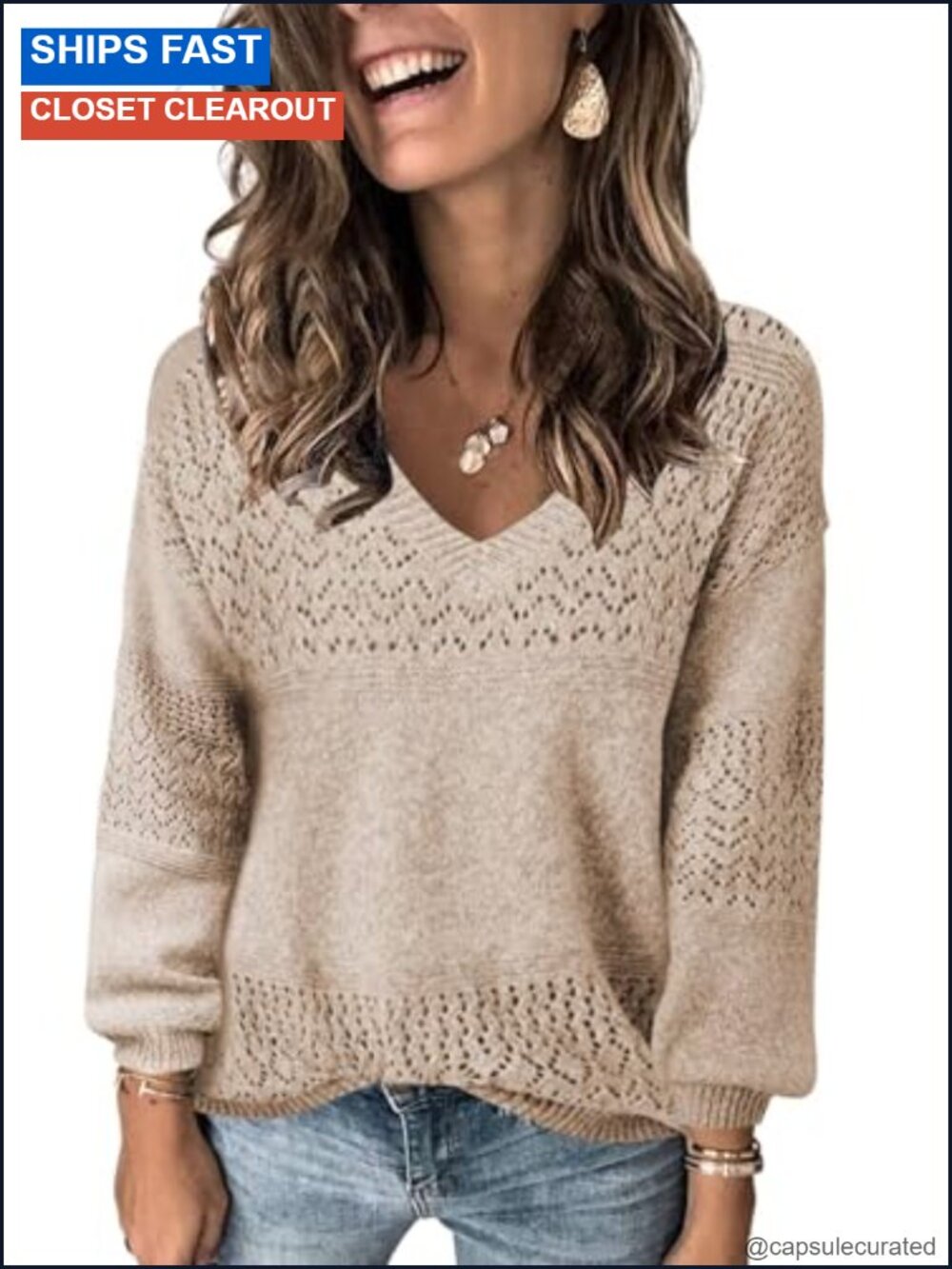 Womens V Neck Long Sleeve Hollow Knit Pullover Sweater